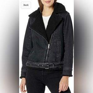 Designer Calvin Klein Oversized Belted Moto with Sherpa Denim Jacket Small